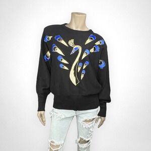 VTG 80s 90s Peacock Embellished Knit Sweater Black L